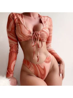 Tie-Dye Long Sleeve Bikini Swimsuit Set