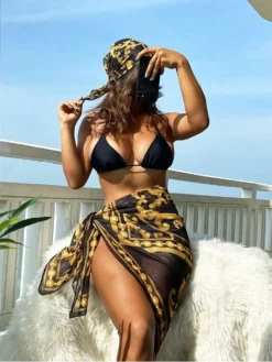 Beach See Through Yellow Black Three-Piece Bikini Sets