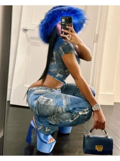 Summer Fashion Street Printed Patchwork Blue Pants -Bambam Clothing Shop P 20230406181536290 391