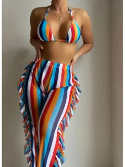 New Striped Tassels 3 Piece Bikini Sets For Women