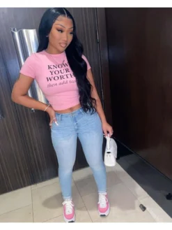 Summer Crew Collar Letter Printing Pink Crop Top