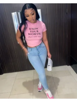 Summer Crew Collar Letter Printing Pink Crop Top -Bambam Clothing Shop P 20230419200823327 166