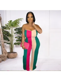 Sexy Striped Colorblock Strapless Wide Leg Jumpsuits