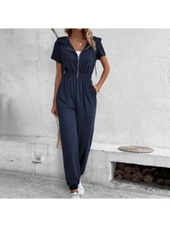 Summer Casual Hooded Pure Color Women's Jumpsuit