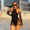 Women's Black Gauze See-Through Tight Rompers
