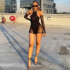 Women's Black Gauze See-Through Tight Rompers -Bambam Clothing Shop P 20230511145907929 134