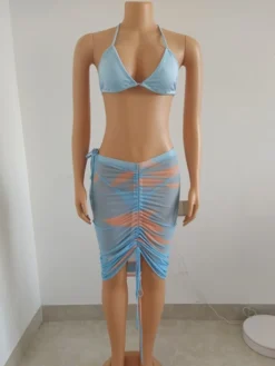 Ruched Drawstring See Through Blue Skirt Bikini Sets -Bambam Clothing Shop P 20230512141413393 148