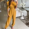 Casual Puff Sleeve Pure Color Women's Jumpsuits