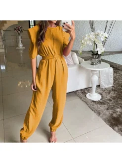 Casual Puff Sleeve Pure Color Women's Jumpsuits