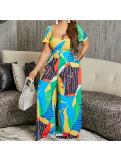 Blue Backless Lace Up Printing Women's Jumpsuits