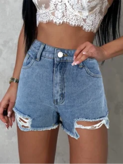 Blue Ripped Design Denim Shorts
