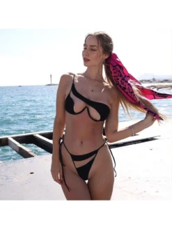 Black Hollowed Out One Shoulder Bikini -Bambam Clothing Shop P 20230616194644045 125