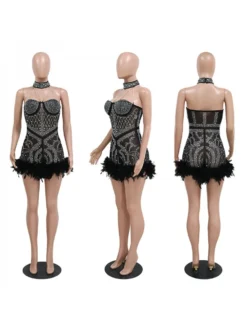 Halter Hot Drilling Feather Romper -Bambam Clothing Shop P 20230619140808884 563