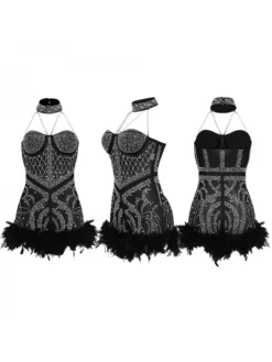 Halter Hot Drilling Feather Romper -Bambam Clothing Shop P 20230619140811229 428