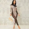 Khaki See Through Long Sleeve Jumpsuit