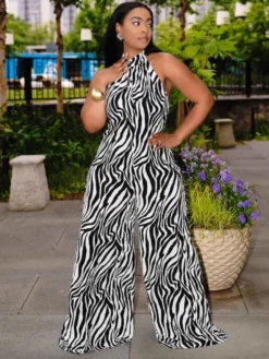 Women's Sexy Halter Backless Zebra Stripes Printing Jumpsuit -Bambam Clothing Shop P 20230727182336011 440