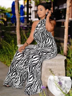 Women's Sexy Halter Backless Zebra Stripes Printing Jumpsuit -Bambam Clothing Shop P 20230727182340767 818