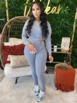 Solid Ribbed Long Sleeve Crew Neck Cropped Pants Set