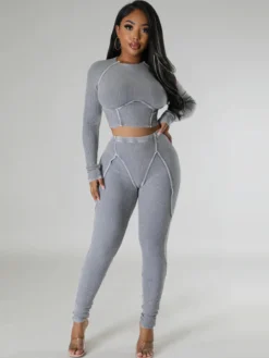 Solid Ribbed Long Sleeve Crew Neck Cropped Pants Set -Bambam Clothing Shop P 20230908145858441 361