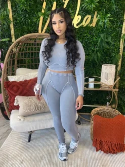 Solid Ribbed Long Sleeve Crew Neck Cropped Pants Set -Bambam Clothing Shop P 20230908145900939 376