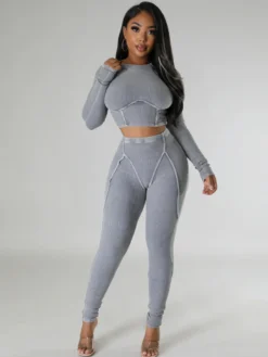 Solid Ribbed Long Sleeve Crew Neck Cropped Pants Set -Bambam Clothing Shop P 20230908145903306 569