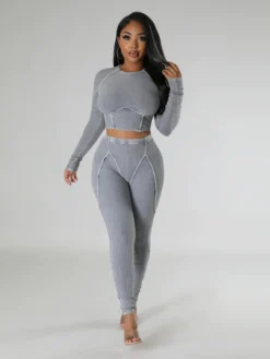 Solid Ribbed Long Sleeve Crew Neck Cropped Pants Set -Bambam Clothing Shop P 20230908145905785 108
