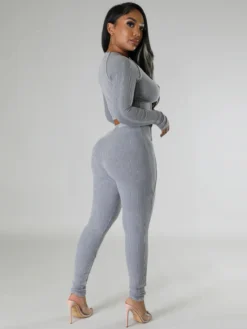 Solid Ribbed Long Sleeve Crew Neck Cropped Pants Set -Bambam Clothing Shop P 20230908145908264 519