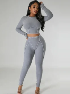 Solid Ribbed Long Sleeve Crew Neck Cropped Pants Set -Bambam Clothing Shop P 20230908145910729 671