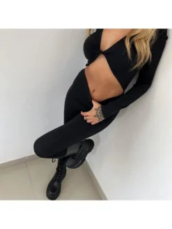 Twist Front Hollow Out Cropped Long Sleeve Jumpsuit -Bambam Clothing Shop P 20230912113729618 863