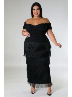 Solid Color High Waist Patchwork Fringe Pencil Skirt