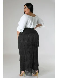 Solid Color High Waist Patchwork Fringe Pencil Skirt -Bambam Clothing Shop P 20230912153430166 235