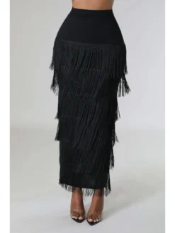 Solid Color High Waist Patchwork Fringe Pencil Skirt -Bambam Clothing Shop P 20230912153434095 790