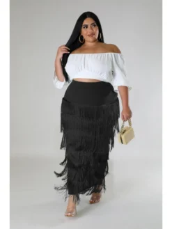 Solid Color High Waist Patchwork Fringe Pencil Skirt -Bambam Clothing Shop P 20230912153438015 969