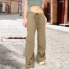 Mid-rise Loose Solid Lace Up Pants