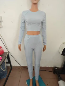 Solid Ribbed Long Sleeve Crew Neck Cropped Pants Set -Bambam Clothing Shop P 20231023080709334 360