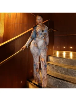 Abstract Printed Fitted Blouses Trouser Sets -Bambam Clothing Shop P 20231028162413398 621