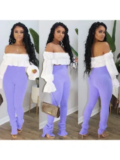 Solid Color Split Hem Elastic Waist Pants