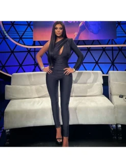 Inclined Shoulder Hollow Out Fitted Jumpsuit