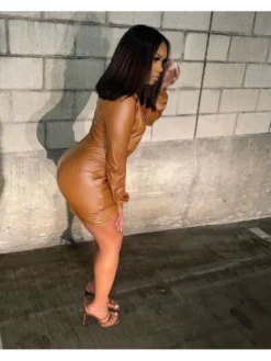 Deep V Neck Ruched PU Long Sleeve Mini Dress -Bambam Clothing Shop P 20231114194514150 561