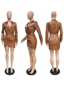 Deep V Neck Ruched PU Long Sleeve Mini Dress -Bambam Clothing Shop P 20231114194519860 496