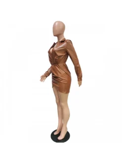 Deep V Neck Ruched PU Long Sleeve Mini Dress -Bambam Clothing Shop P 20231114194524955 249