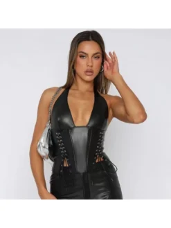 Tie-wrap Leather Halter Backless Tanks -Bambam Clothing Shop P 20231120143317214 987