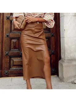 Ruched PU Split Hem Skirts