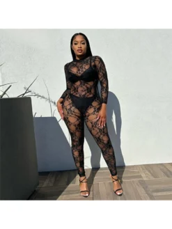 See Through Lace Patchwork Fitted Jumpsuit
