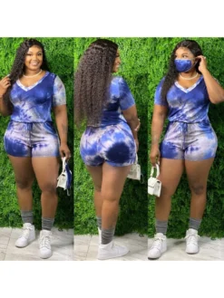 Tie Dye Drawstring V Neck Short Sleeve Rompers