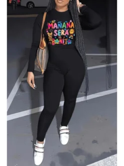 Letter Printed Fitted Jumpsuit -Bambam Clothing Shop P 20240102180515067 212