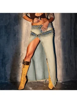 Irregular Raged Hem Split Hem Denim Skirts