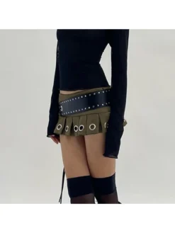 Eyelets Tie-wrap Pleated Skirts With PU Belt -Bambam Clothing Shop P 20240109173414241 421