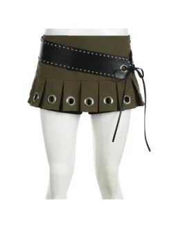 Eyelets Tie-wrap Pleated Skirts With PU Belt -Bambam Clothing Shop P 20240109173416615 150