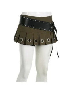 Eyelets Tie-wrap Pleated Skirts With PU Belt -Bambam Clothing Shop P 20240109173418999 765